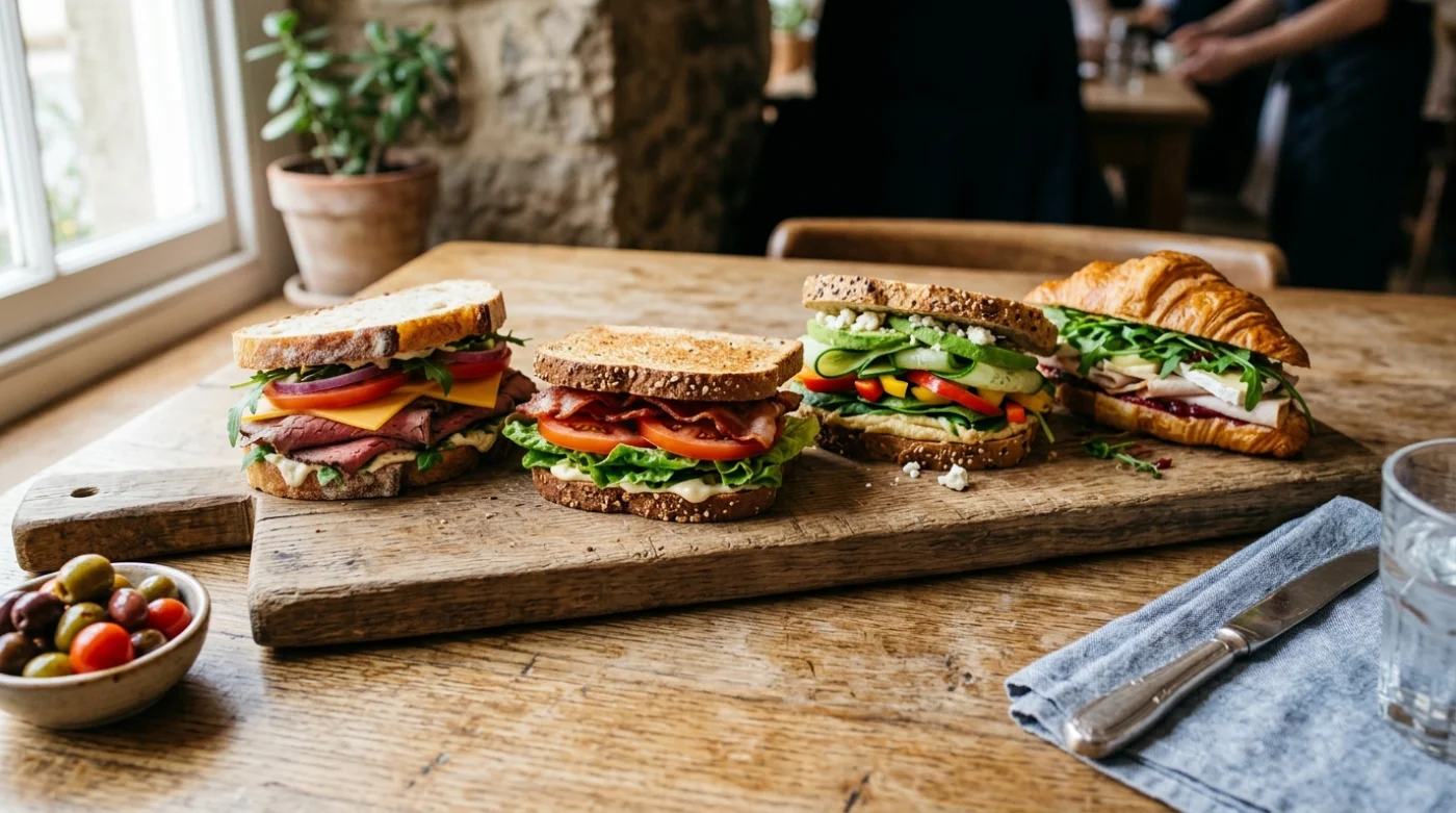 Różnorodne kanapki i przekąski na drewnianej desce, idealne na brunch lub zdrowy lunch.