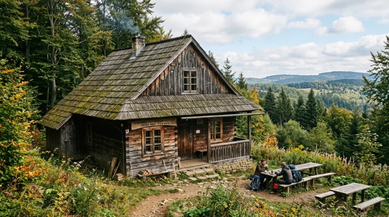Drewniany domek w stylu górskim usytuowany na skraju lasu, z widokiem na pagórkowate wzgórza i zieloną dolinę pod błękitnym niebem.
