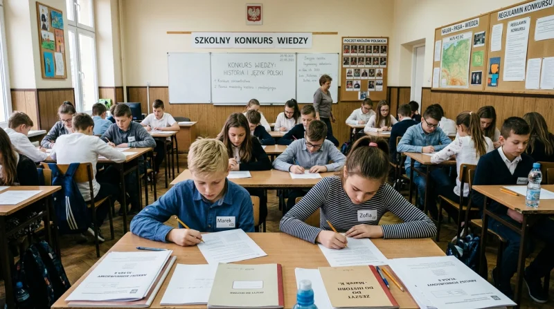 Uczniowie biorą udział w szkolnym konkursie wiedzy, siedząc przy stołach i rozwiązując zadania.